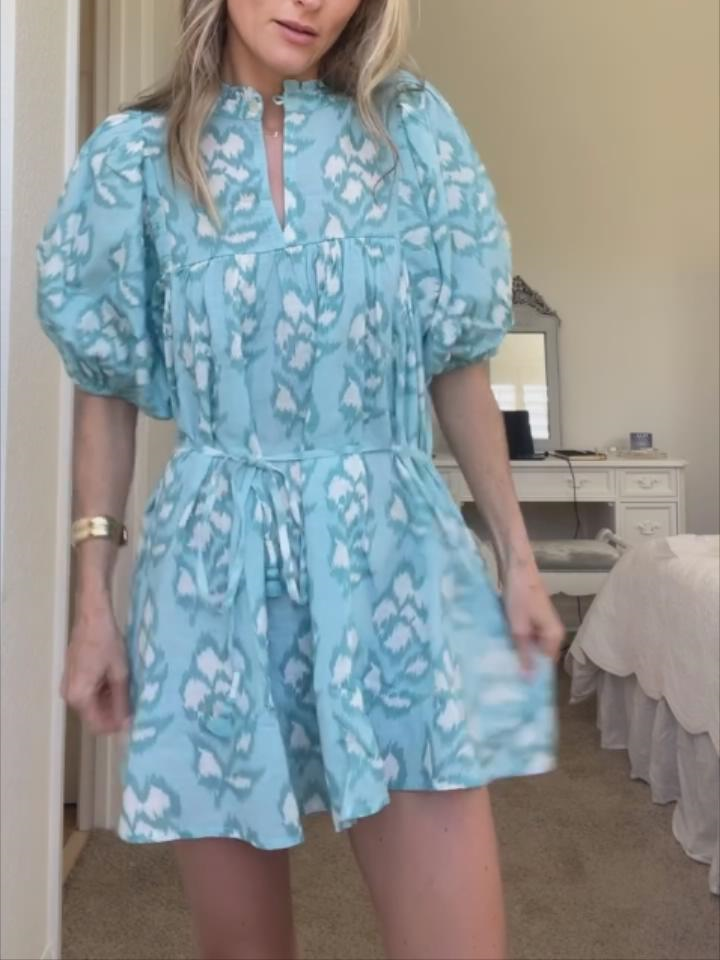 Puff Sleeves Drawstring Waist Printed Mini Dress