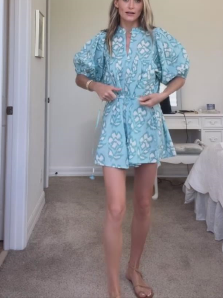 Puff Sleeves Drawstring Waist Printed Mini Dress