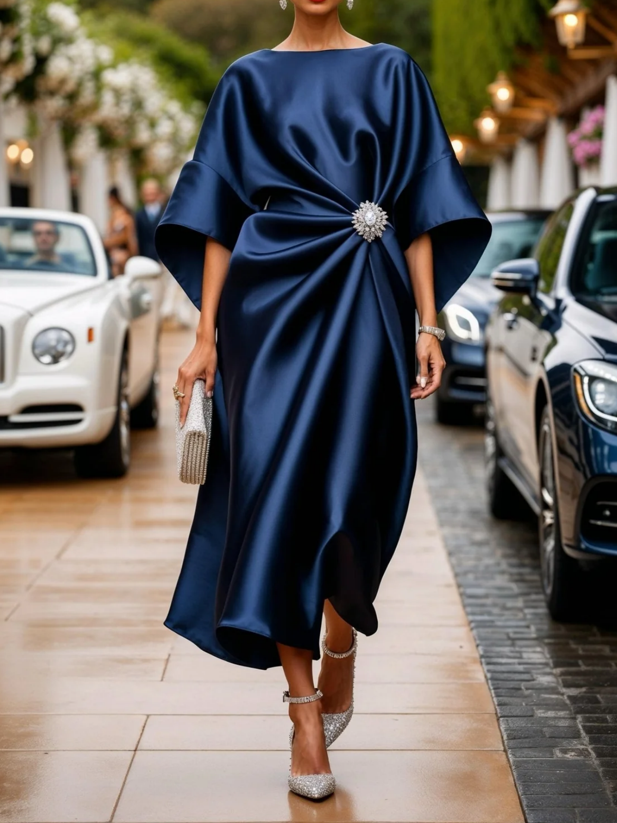 Batwing Sleeves Satin Crepe Midi Dress