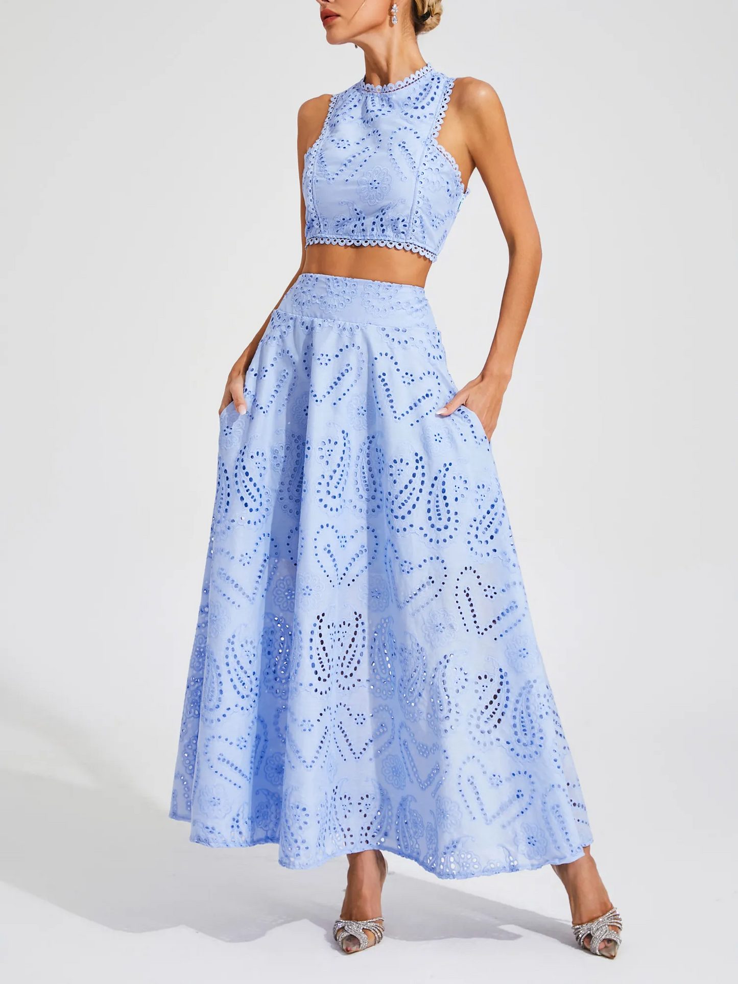 Sleeveless Eyelet Lace Two Piece Set