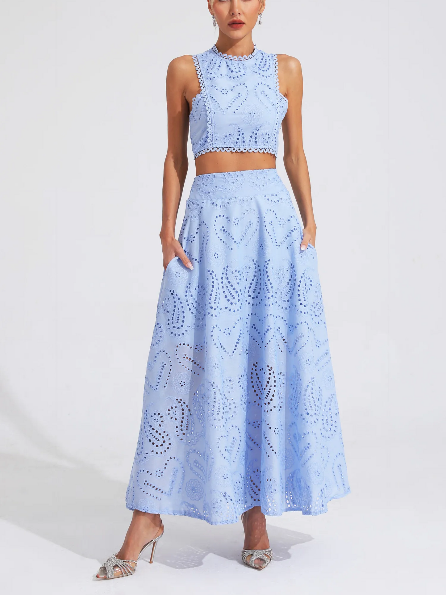 Sleeveless Eyelet Lace Two Piece Set