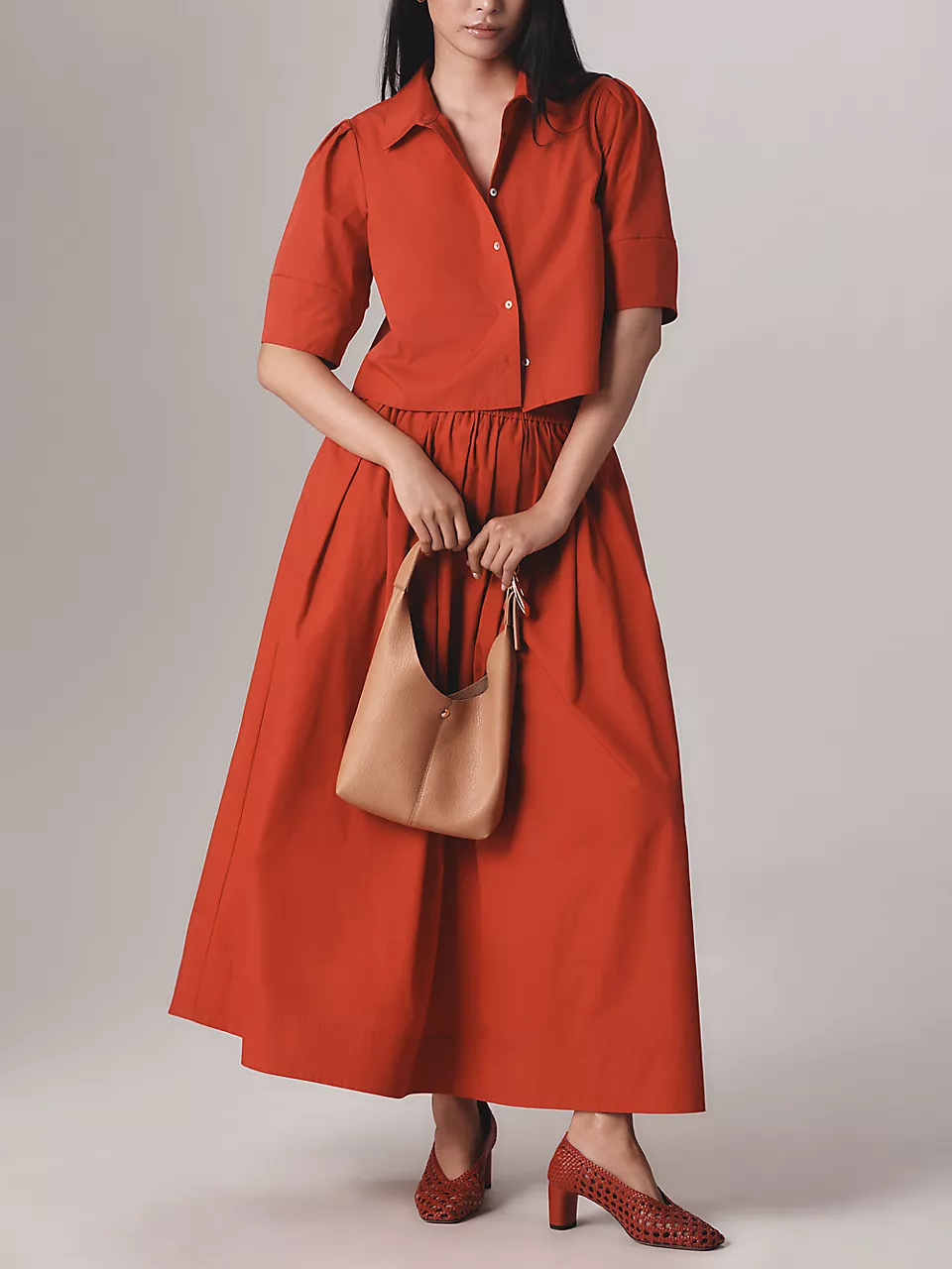 Red Short Sleeves Tops & Skirt 2pc Set