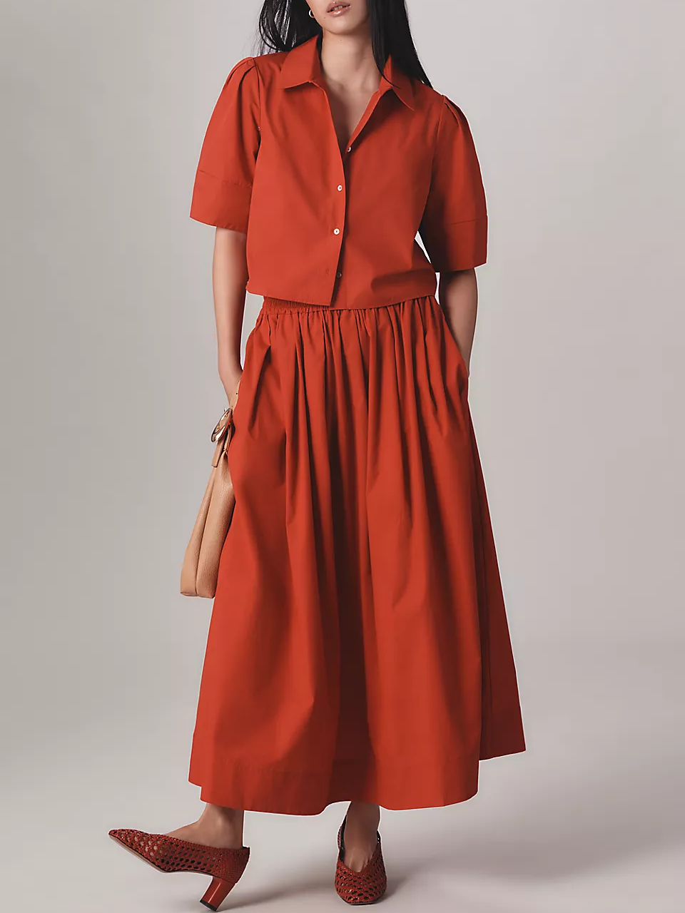 Red Short Sleeves Tops & Skirt 2pc Set