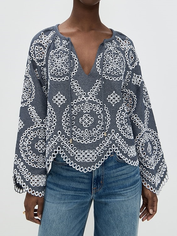 Crew Neck Embroidered Eyelet Blouse