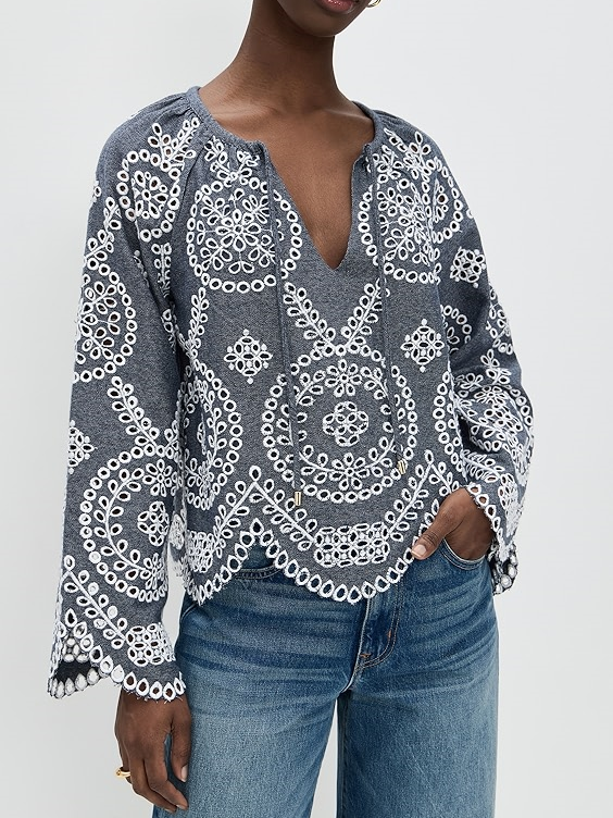 Crew Neck Embroidered Eyelet Blouse