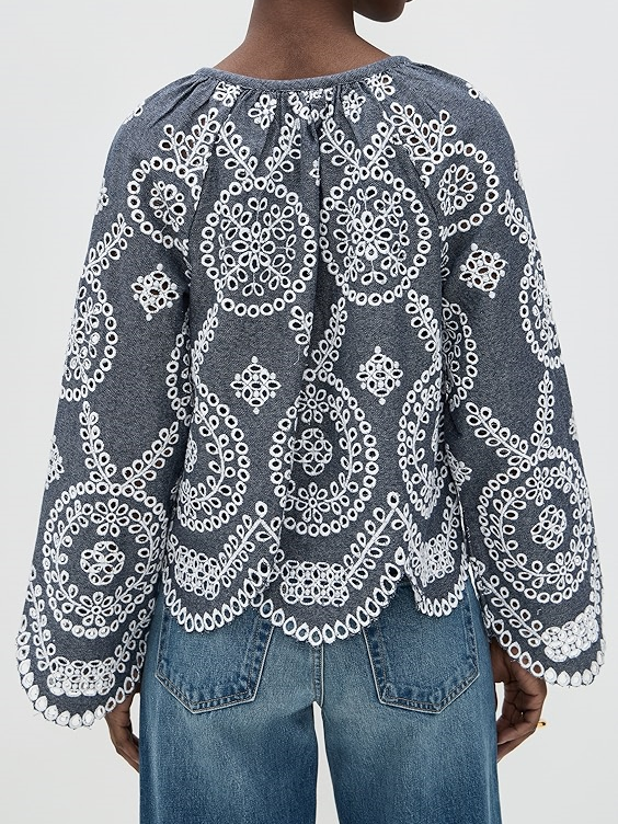 Crew Neck Embroidered Eyelet Blouse