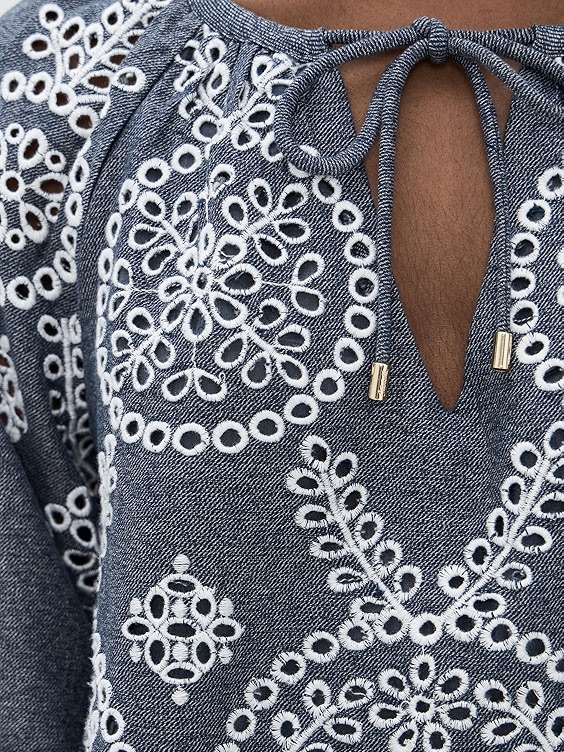 Crew Neck Embroidered Eyelet Blouse