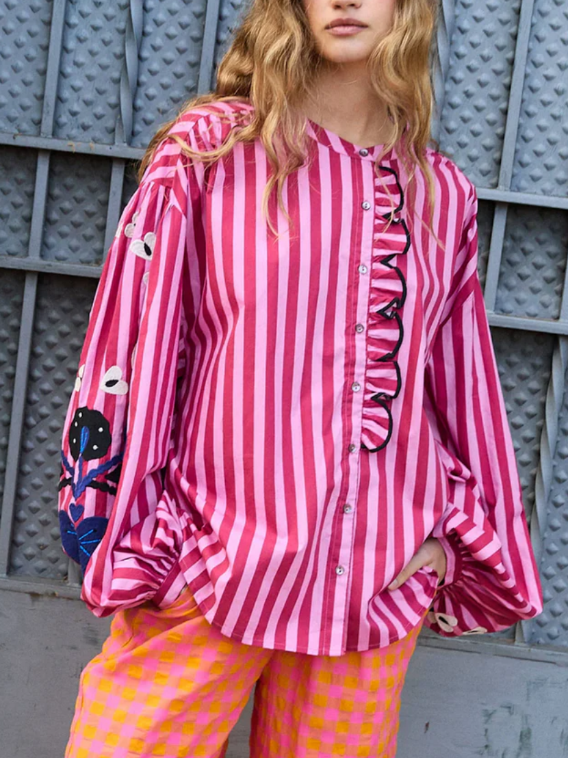 Long Sleeves Embroidery Printed Stripes Top