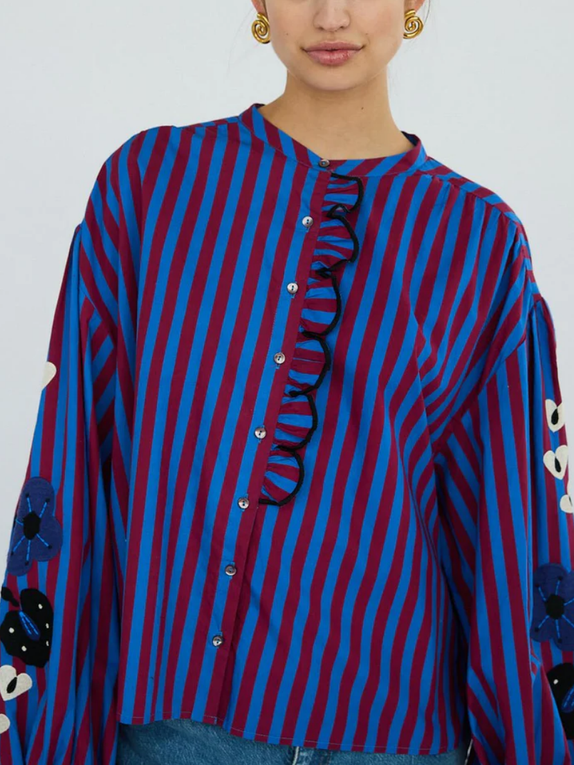 Long Sleeves Embroidery Printed Stripes Top