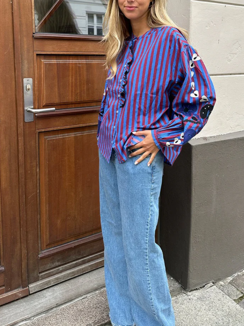 Long Sleeves Embroidery Printed Stripes Top