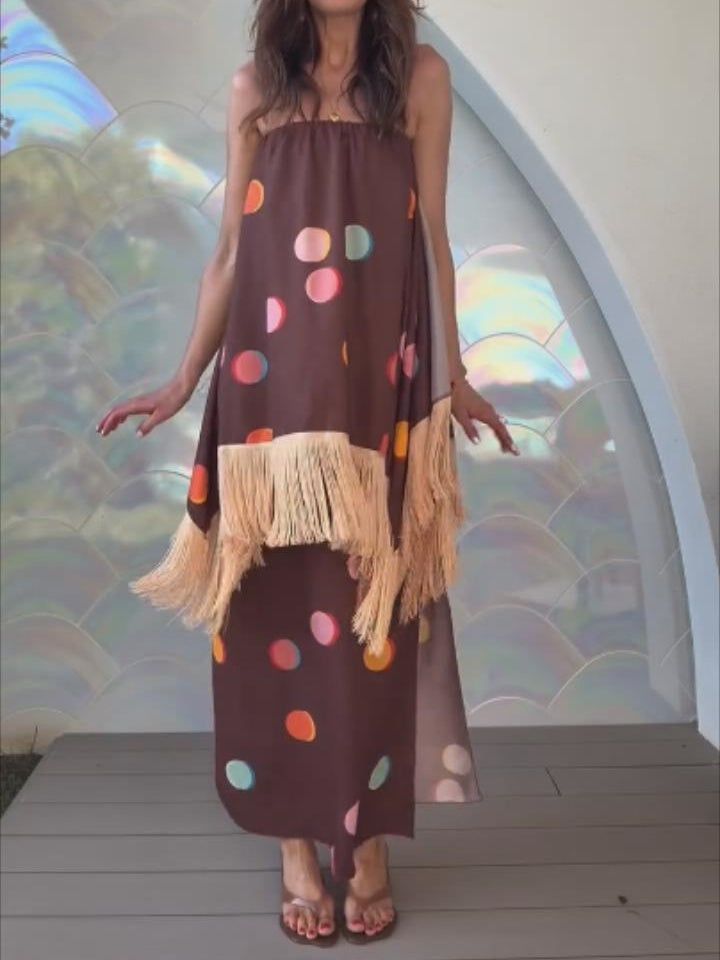 Strapless Tassel Polka Dot Printed Maxi Dress