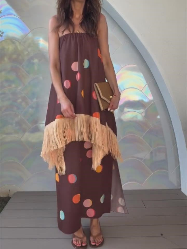 Strapless Tassel Polka Dot Printed Maxi Dress