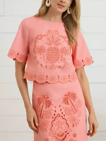 Eyelet Embroidery Top & Pencil Skirt 2pc Set