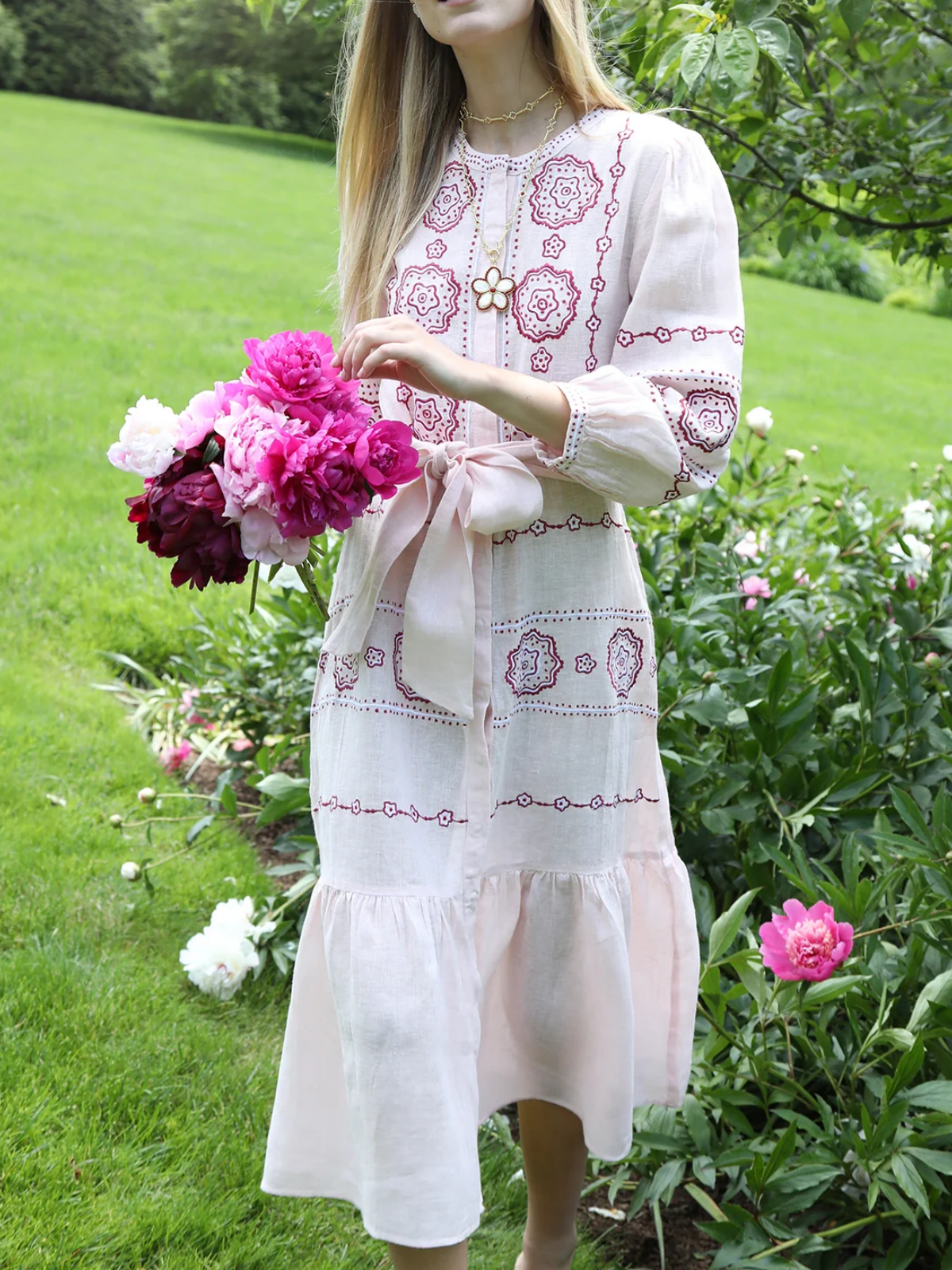 Dotted Floral Embroidery Belted Midi Dress
