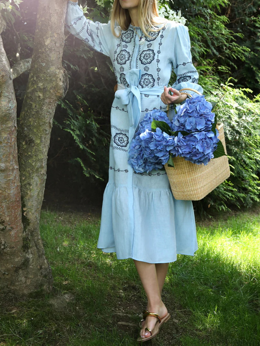 Dotted Floral Embroidery Belted Midi Dress
