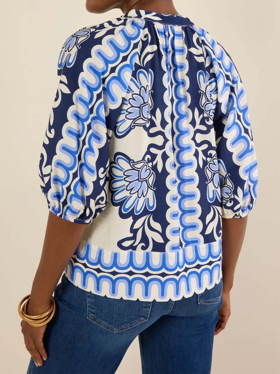 Band Collar Printed Top