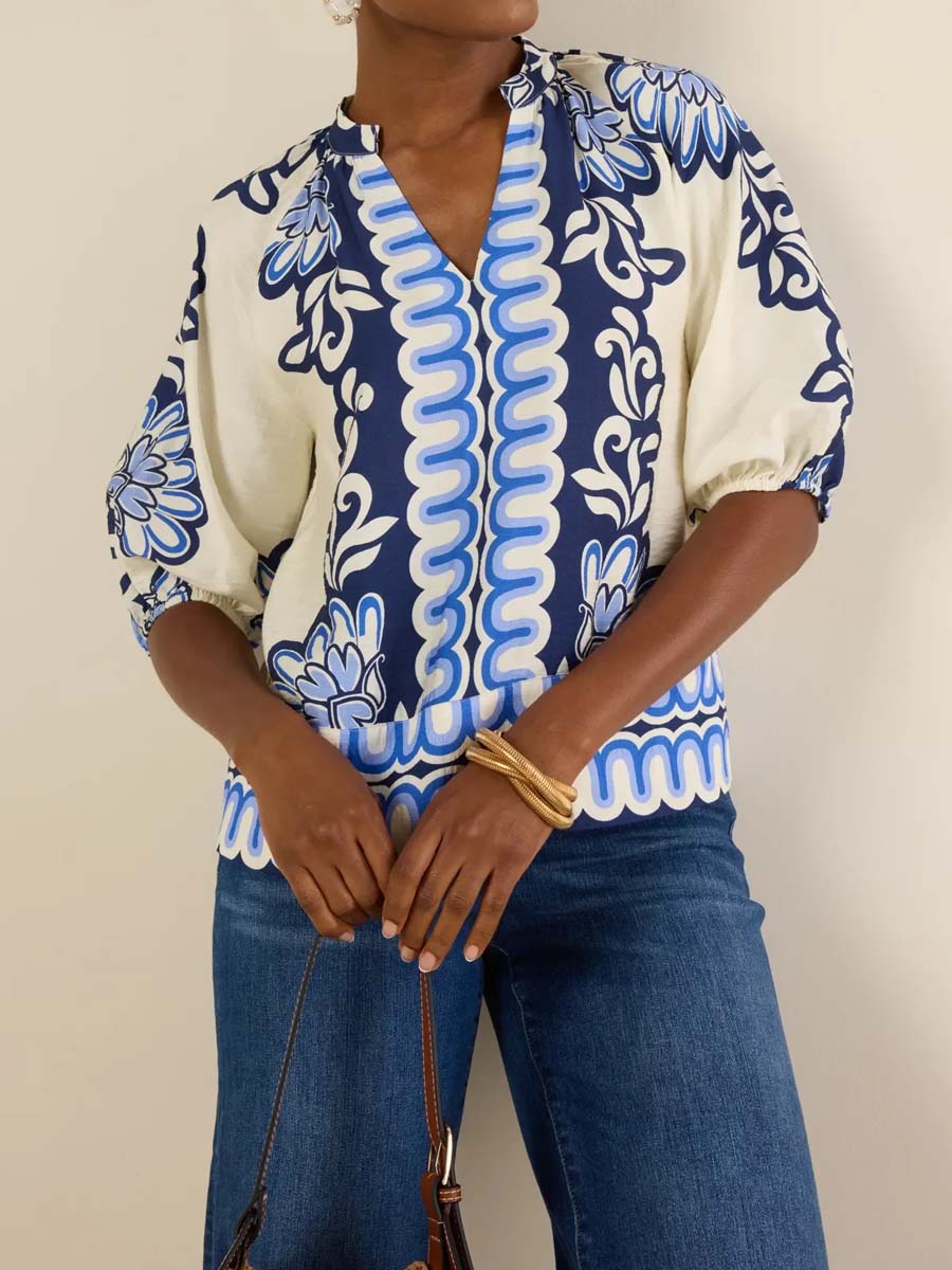 Band Collar Printed Top