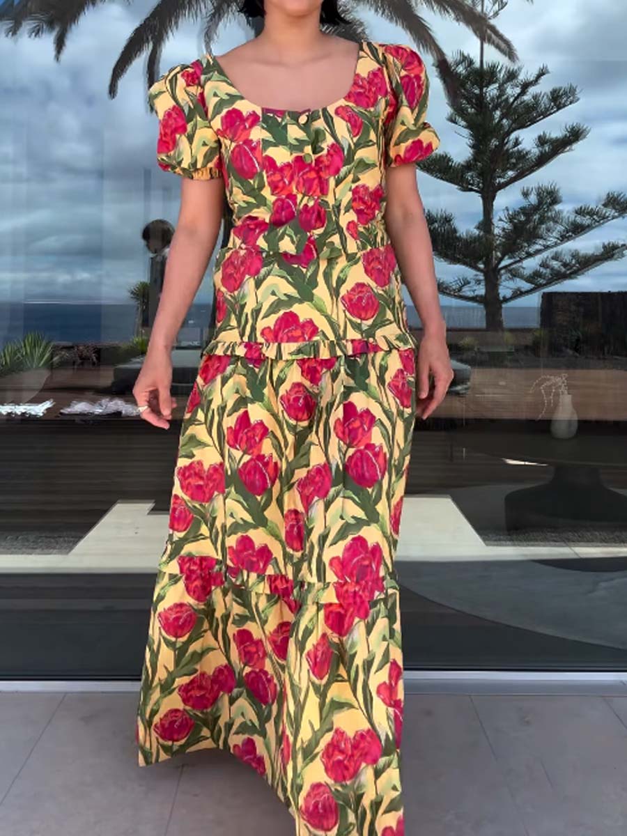 Floral Print Puff Sleeve Two Pieces Dress