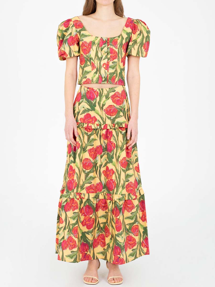 Floral Print Puff Sleeve Two Pieces Dress