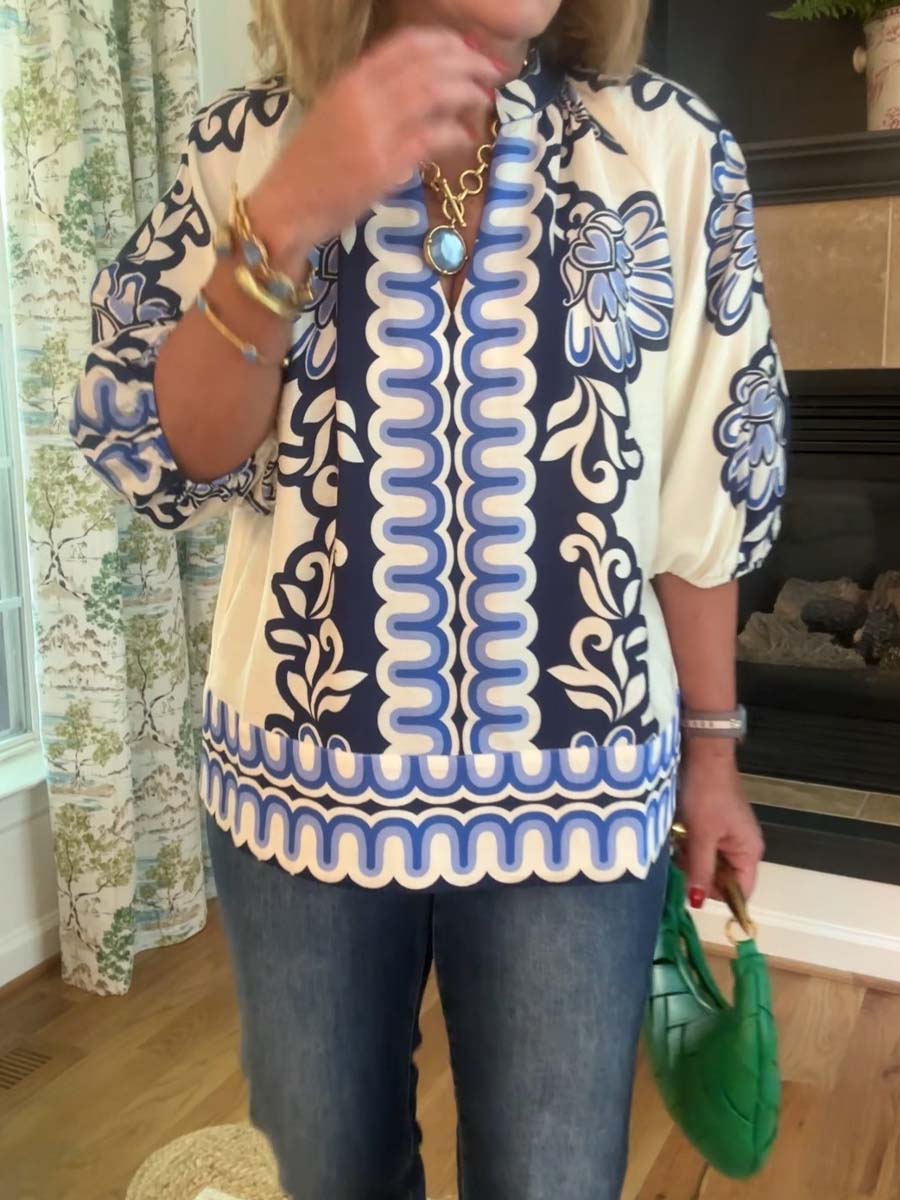 Band Collar Printed Top