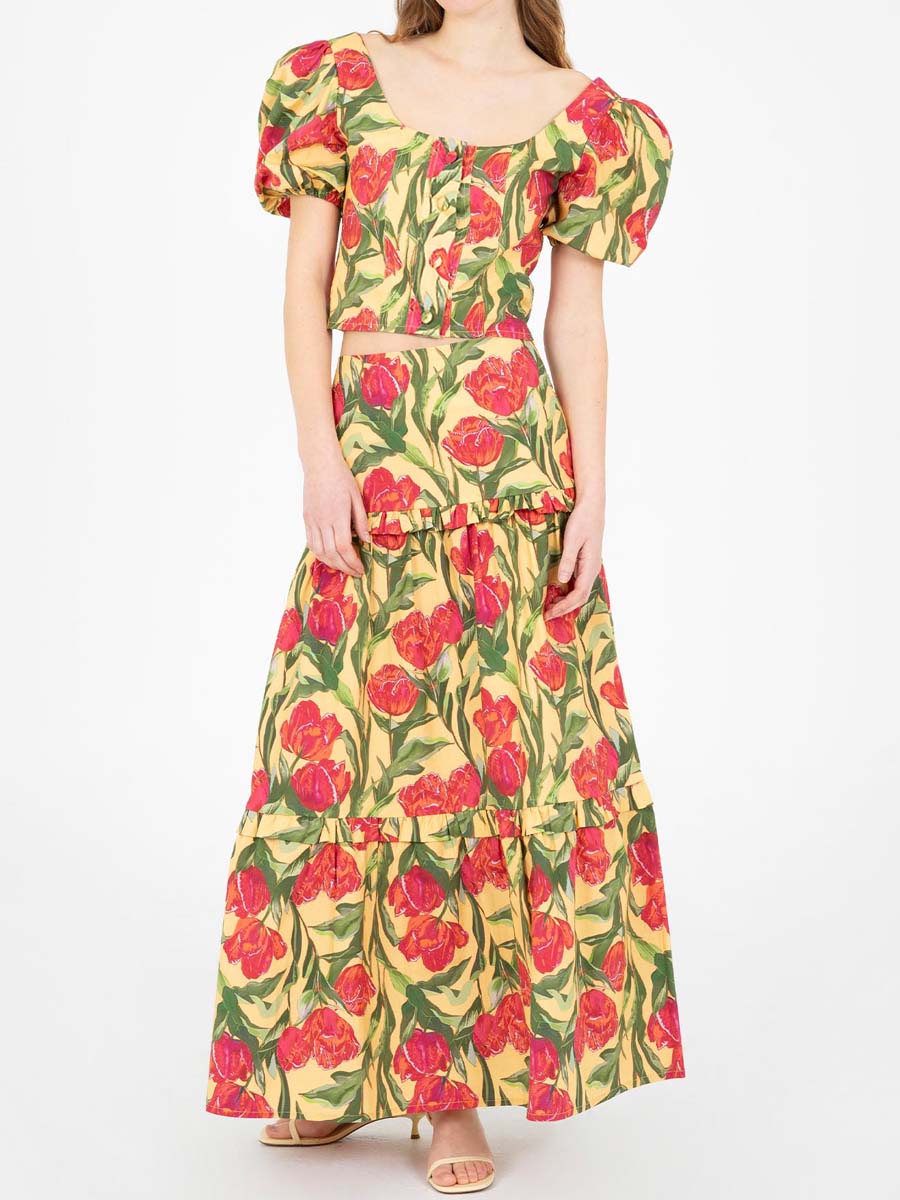 Floral Print Puff Sleeve Two Pieces Dress