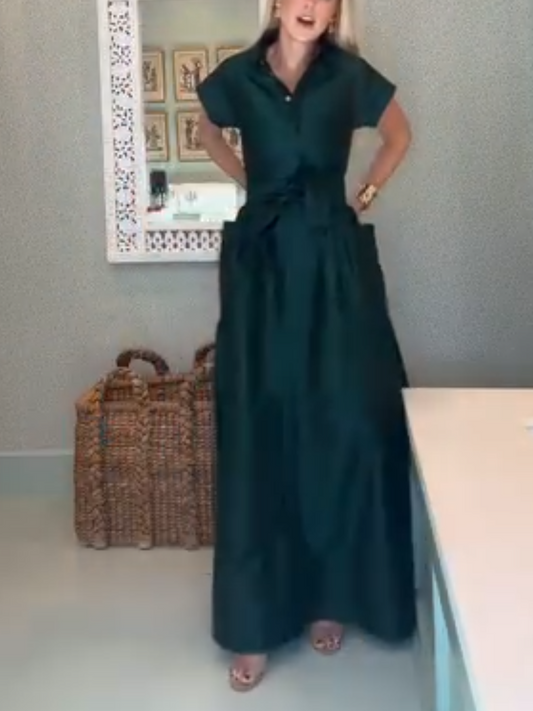 Stylish Detachable Belt Cap Sleeves Maxi Dress
