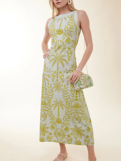 Sleeveless Crew Neck Coconut Tree Printed Maxi Dress