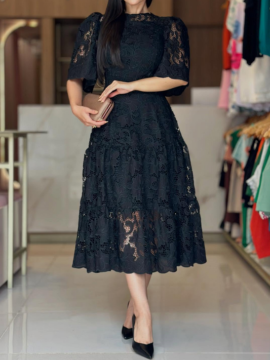 A Line Half Sleeves Lace Midi Dress