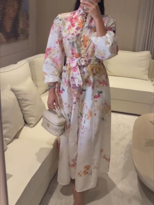 Button Front Long Sleeve Belted Printed  Dress