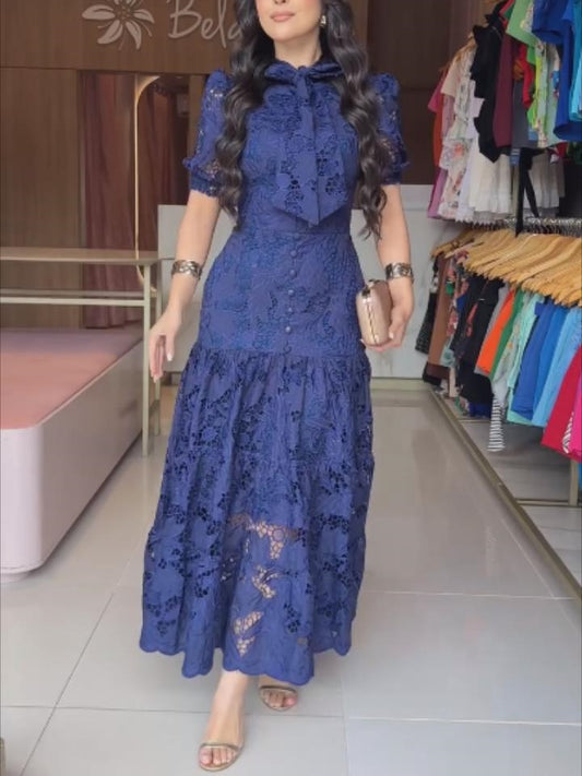 Bow Tie Neck Waisted Lace Midi Dress