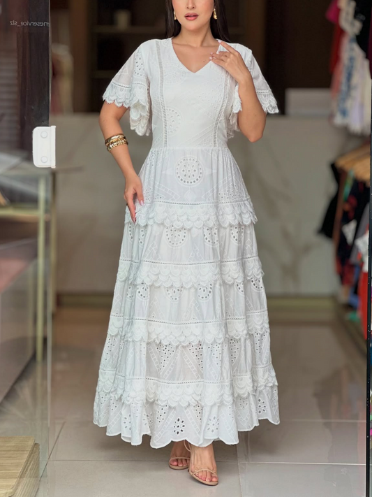 Ruffle Sleeve V Neck Lace Piping Tiered Maxi Dress