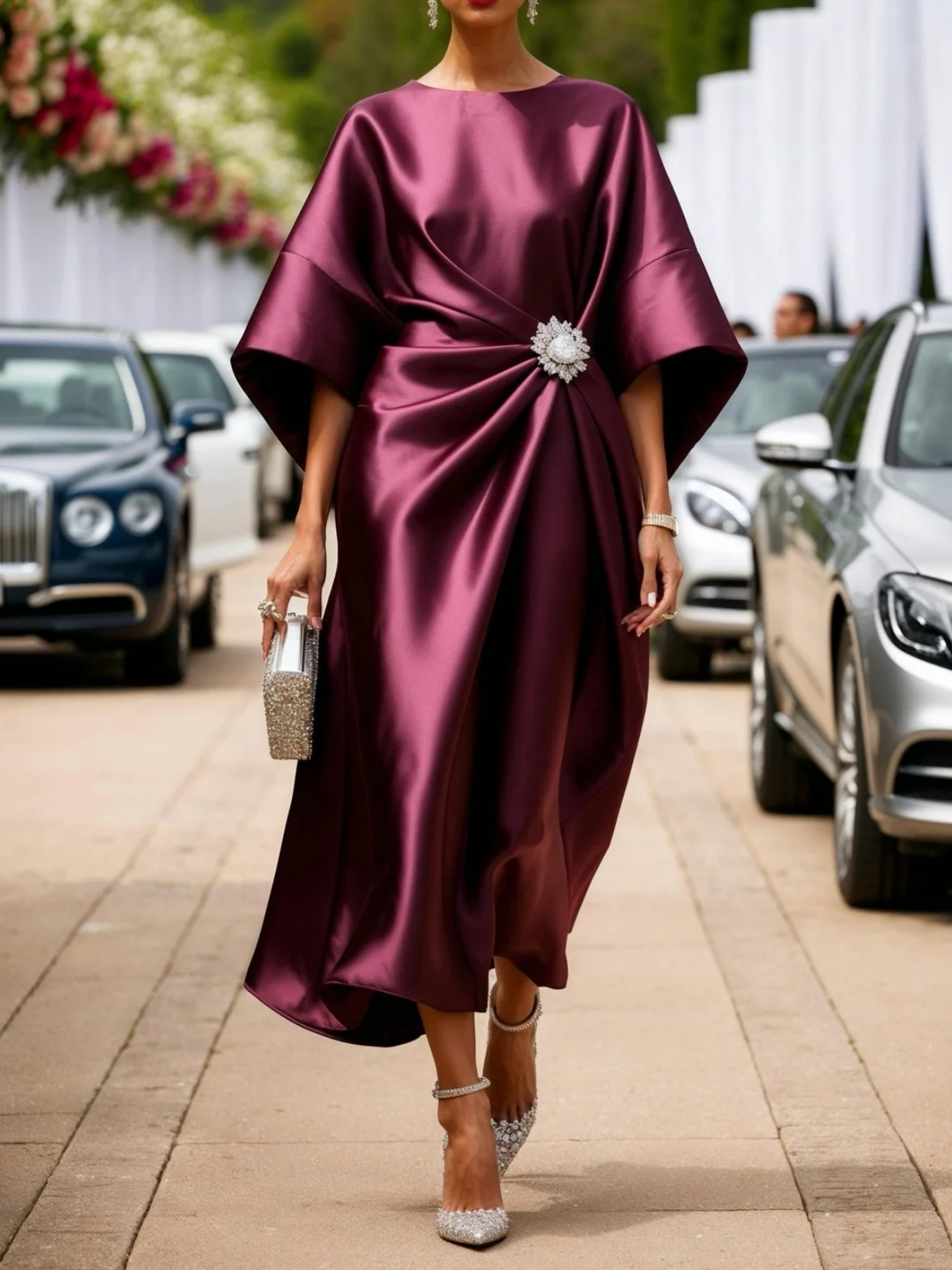 Batwing Sleeves Satin Crepe Midi Dress