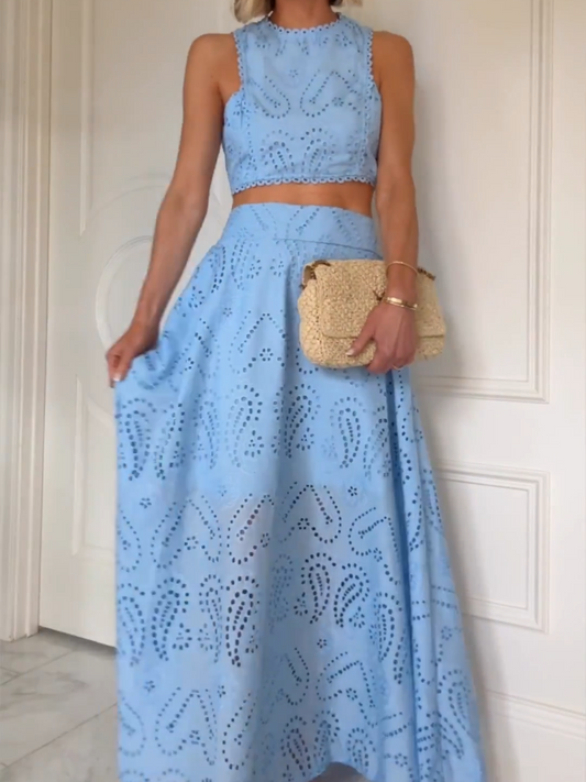 Sleeveless Eyelet Lace Two Piece Set