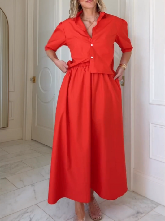 Red Short Sleeves Tops & Skirt 2pc Set