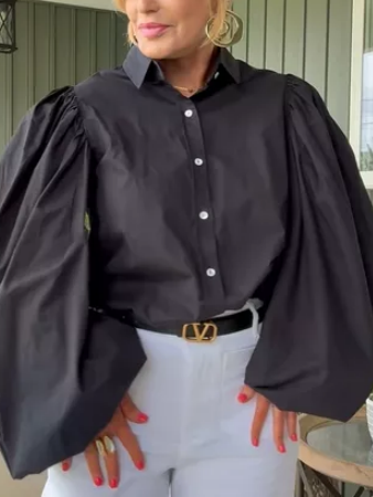 Lapel Extra Voluminous Sleeves Cotton Shirt