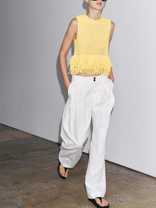 Sleeveless Fringed Checked Knit Top