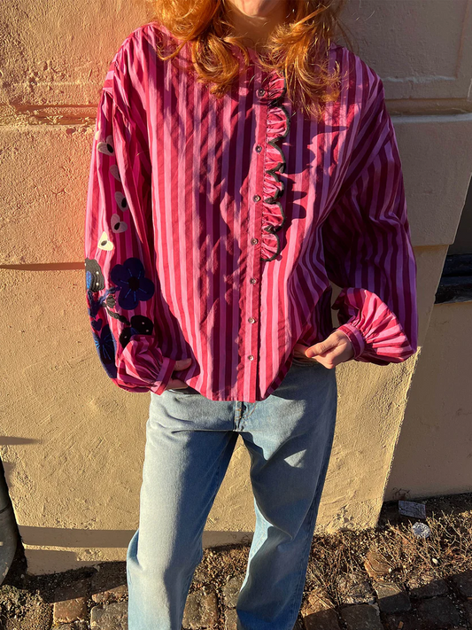 Long Sleeves Embroidery Printed Stripes Top