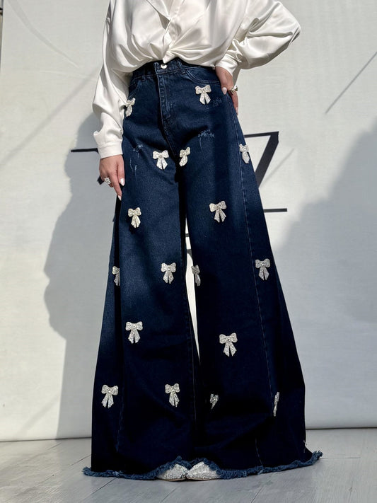 Rhinestone Butterfly Denim High Waist Wide Leg Pants