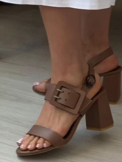 Leather Double Band Buckle Block Heel Sandals