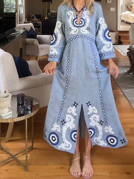 Split V Neck Linen Embroidered Maxi Dress