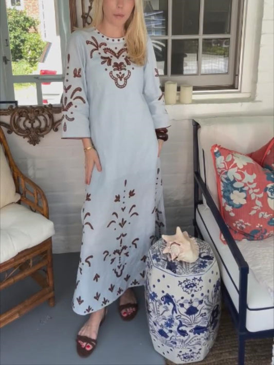 Loose Round Neck Embroidered Side Slit Maxi Dress