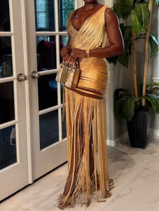 Gold Fringe Drape Maxi Dress