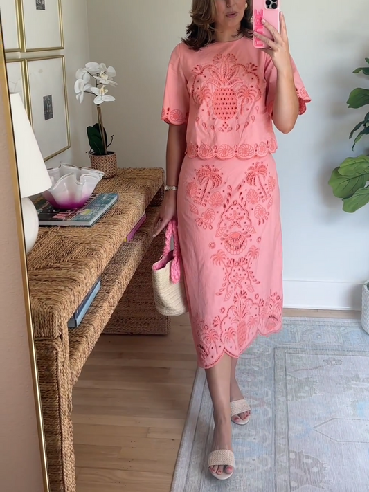Eyelet Embroidery Top & Pencil Skirt 2pc Set