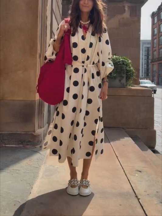 Loose Belted V-neck Polka Dot Side Dress