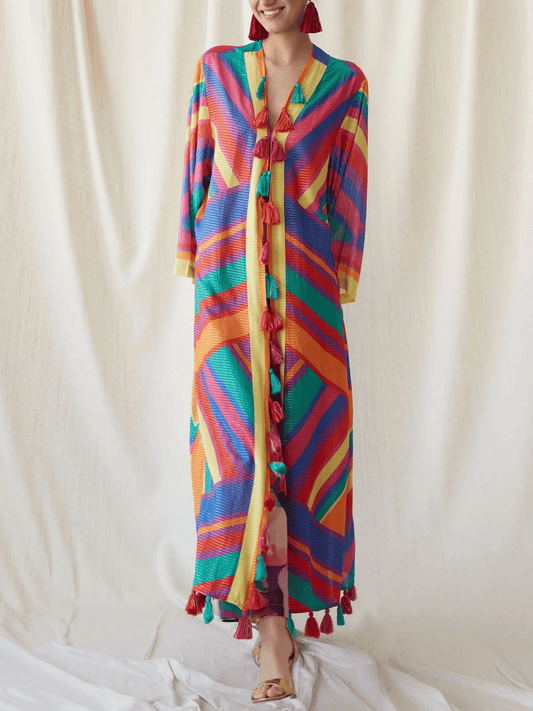Colorful Kaftan Tassel Pendant Maxi Dress