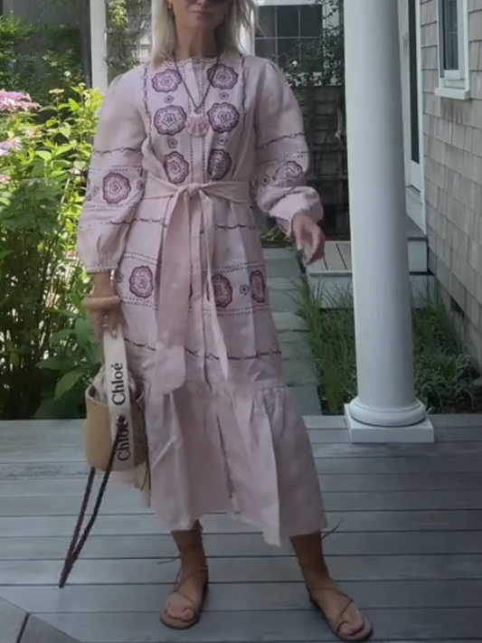 Dotted Floral Embroidery Belted Midi Dress