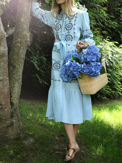 Dotted Floral Embroidery Belted Midi Dress