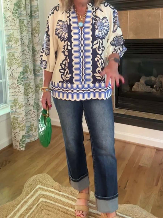 Band Collar Printed Top